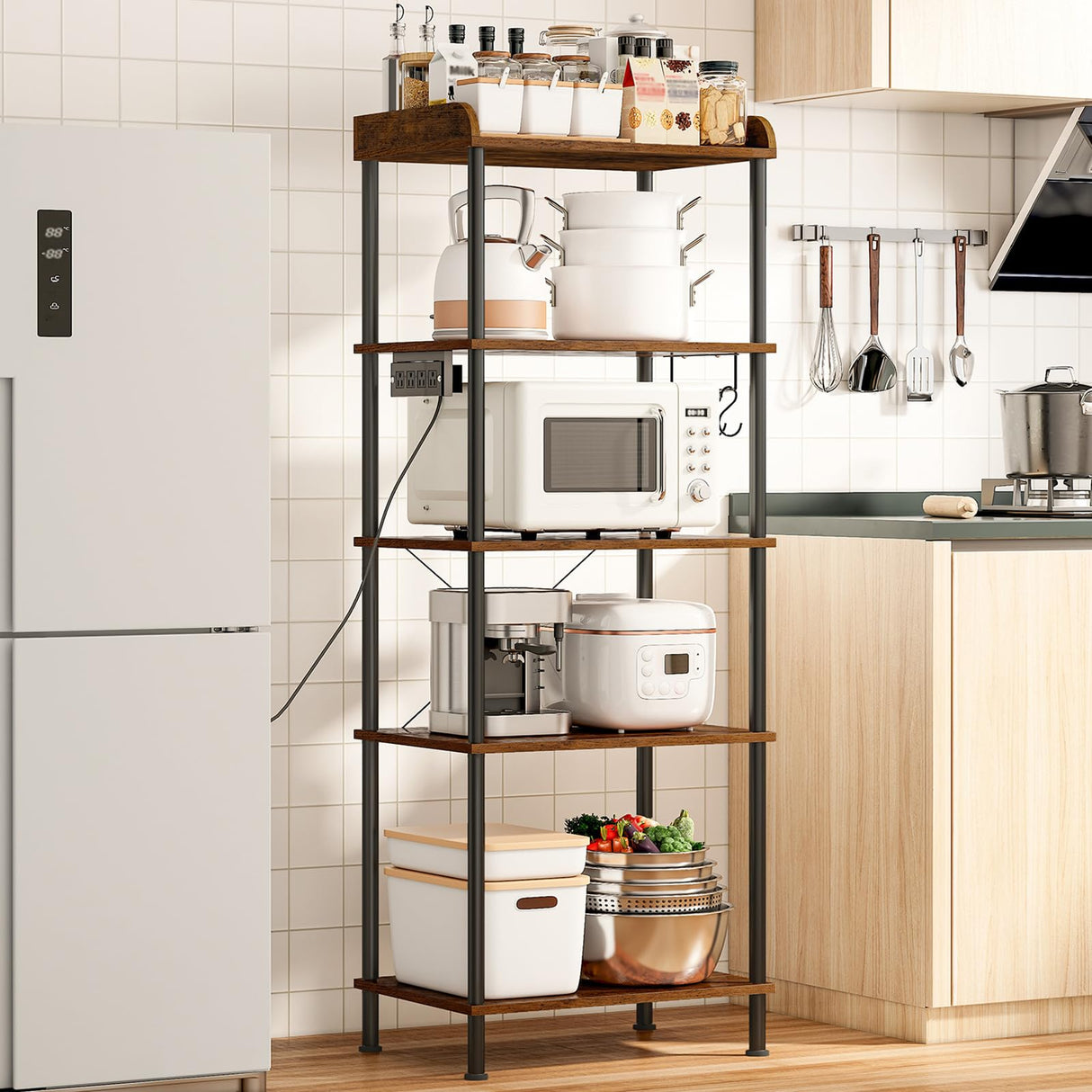 HOOBRO Rustic 5-Tier Kitchen Bakers Rack with Power Outlet and 4 Hooks HOOBRO