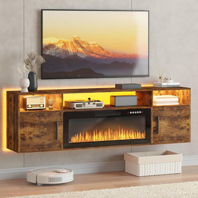PUKAMI 70" Floating TV Stand with 36" Electric Fireplace,Wall Mounted Entertainment Center with LED Lights and Highlight Storage Cabinet for TVs up to 80" for Living Room (Brown)