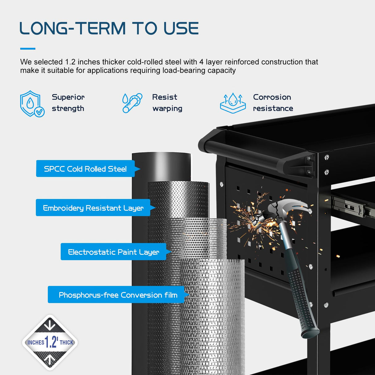 Heavy Duty 3 Tier Tool Cart, Mechanic Metal Rolling Tool Cart with Storage Drawers for Garage Workshop Maemttes