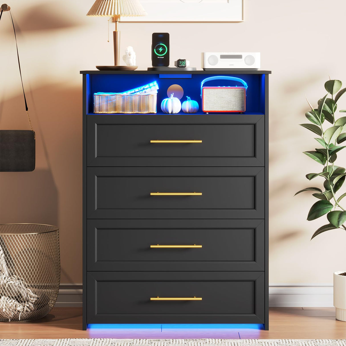 AOGLLATI Black Dresser for Bedroom with Charging Station, Chest of Drawer with Dual Led Light,4 Drawer Dresser, Modern Bedroom Led Wood Wide Dresser for Bedroom AOGLLATI