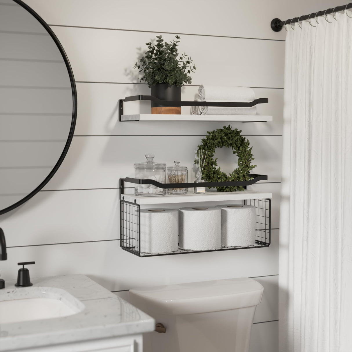 WOPITUES Floating Shelves with Wire Storage Basket, Bathroom Shelves Over Toilet with Protective Metal Guardrail, Wood Wall Shelves for Bathroom Organizers and Storage, Toilet Paper-White WOPITUES