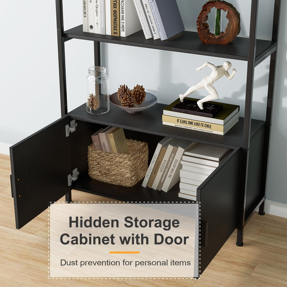 Jehiatek Arched Bookshelf, Bookcase with Doors Storage, 71 Inches Tall Industrial Book Shelf with Sturdy Metal Frame, E1 Quality Boards, Freestanding Display Shelving Unit, Black Jehiatek