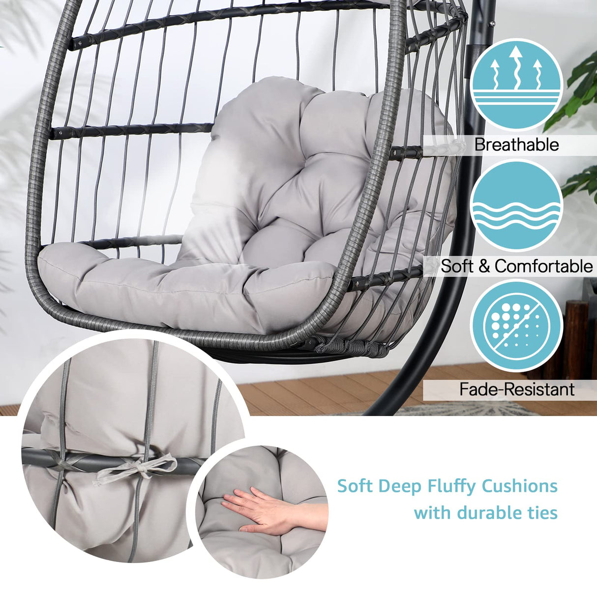 Patiorama Indoor Outdoor Egg Swing Chair with Stand, Patio Grey Wicker Rattan Hanging Chair with Rope Back, Cushion,Cover,All Weather Foldable Hammock Chair for Bedroom, Garden (Light Grey) Patiorama