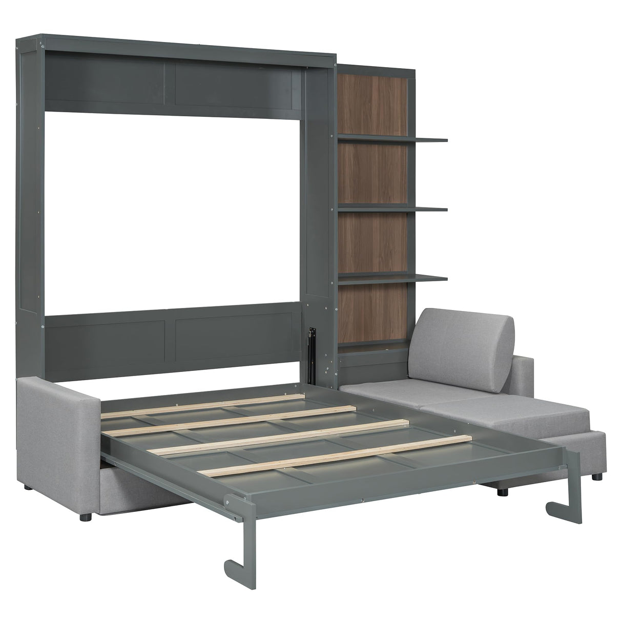 Queen Size Murphy Bed Wall Bed with Sofa and Shelves,Versatile Convertible Wooden Bed Frame,Space-Saving for Multipurpose Guest Room or Home Office (Gray) GYYBED