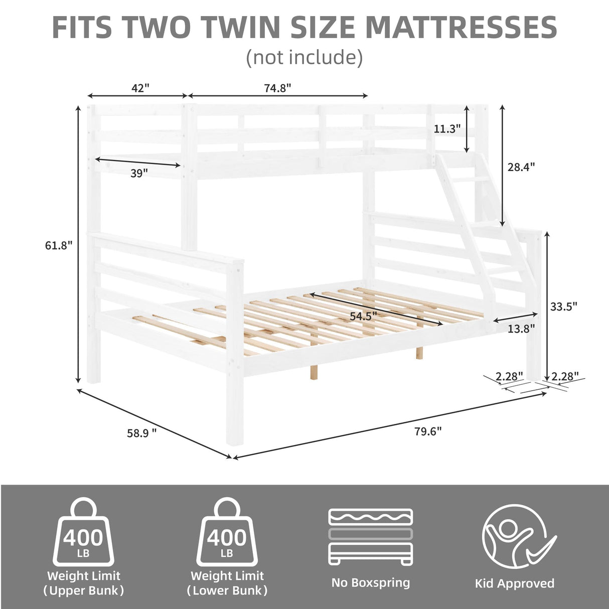 FLEXISPOT Twin Over Full Solid Wood Bunk Bed with Thick Posts,Wooden Bunk Bed with High Guardrail and Ladder for Kids, Teens, Dorm Rooms, and Guest Rooms,No Box Spring Needed,White FLEXISPOT