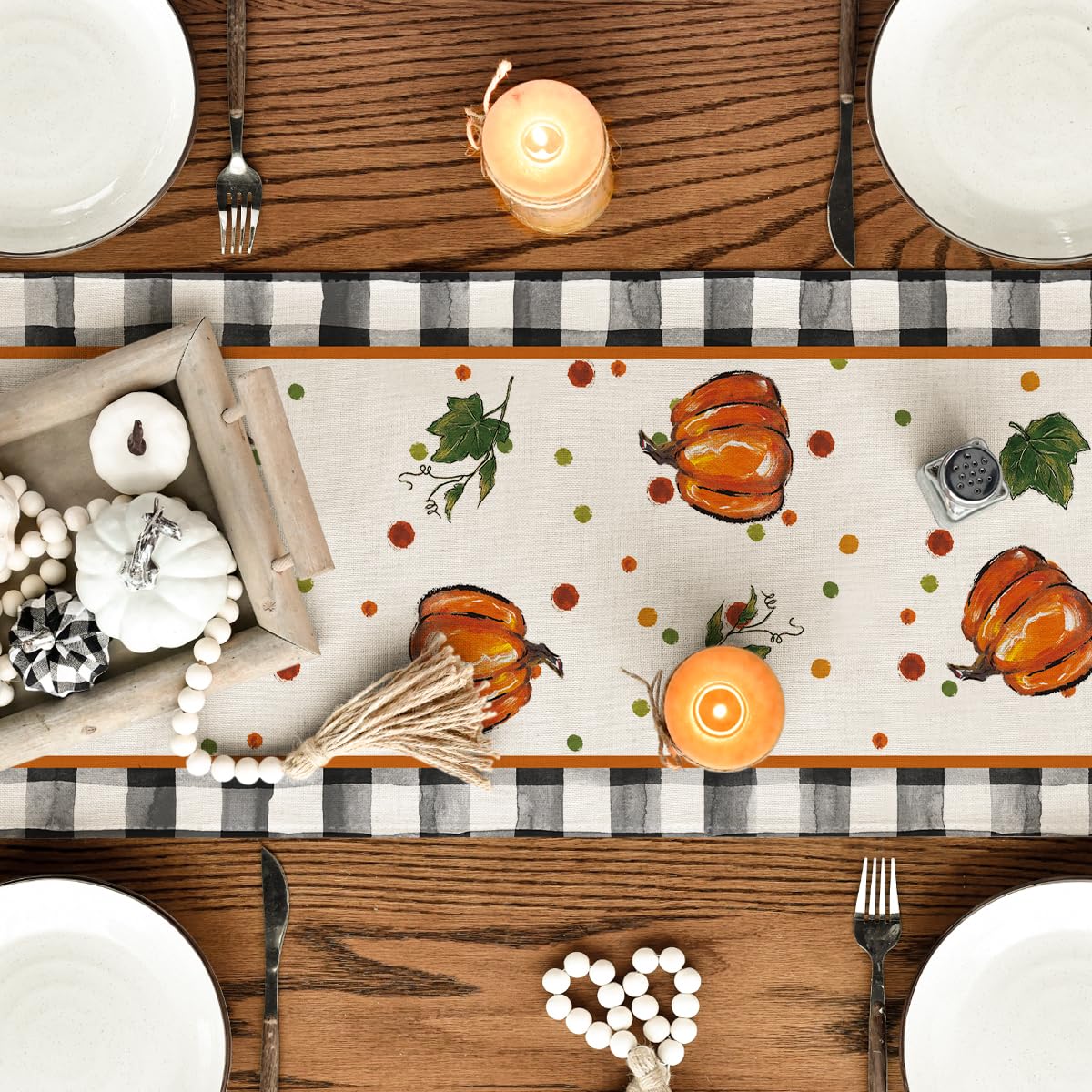 Artoid Mode Pumpkin Bow Buffalo Plaid Fall Table Runner,Seasonal Autumn Kitchen Dining Table Decoration for Home Party Decor 13x72 Inch Artoid Mode