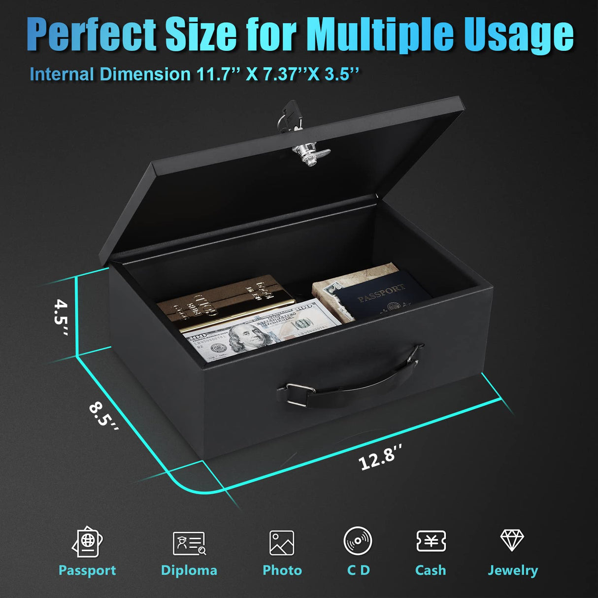 xydled Fire Resistant Safe Fire Safe Box with Key Lock for Home Office Security Storage for Valuables Documents,12.8 x 8.5 x 4.5 Inch,Black xydled