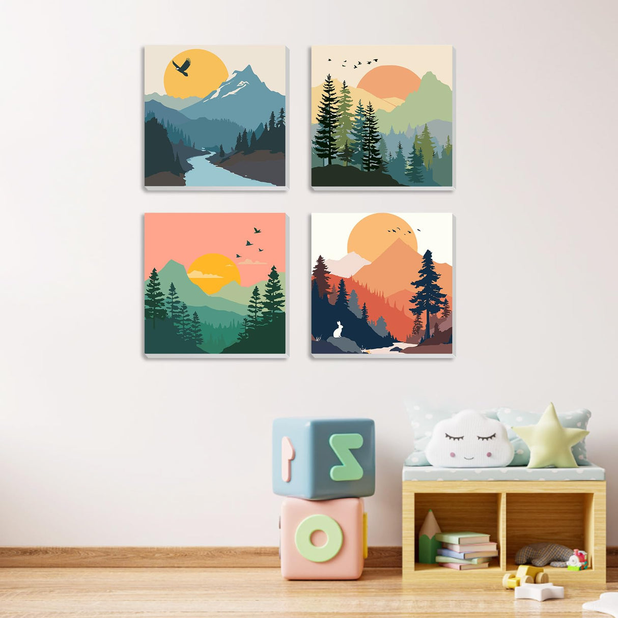 MXJSUA 4 Pack Sunset Mountain Paint by Numbers Kit with Framed Canvas for Ages 6-12 Kids, Paint by Numbers Kits for Children Beginners, Acrylic Oil Painting for Home Wall Decor Gift (8x8 inch) MXJSUA