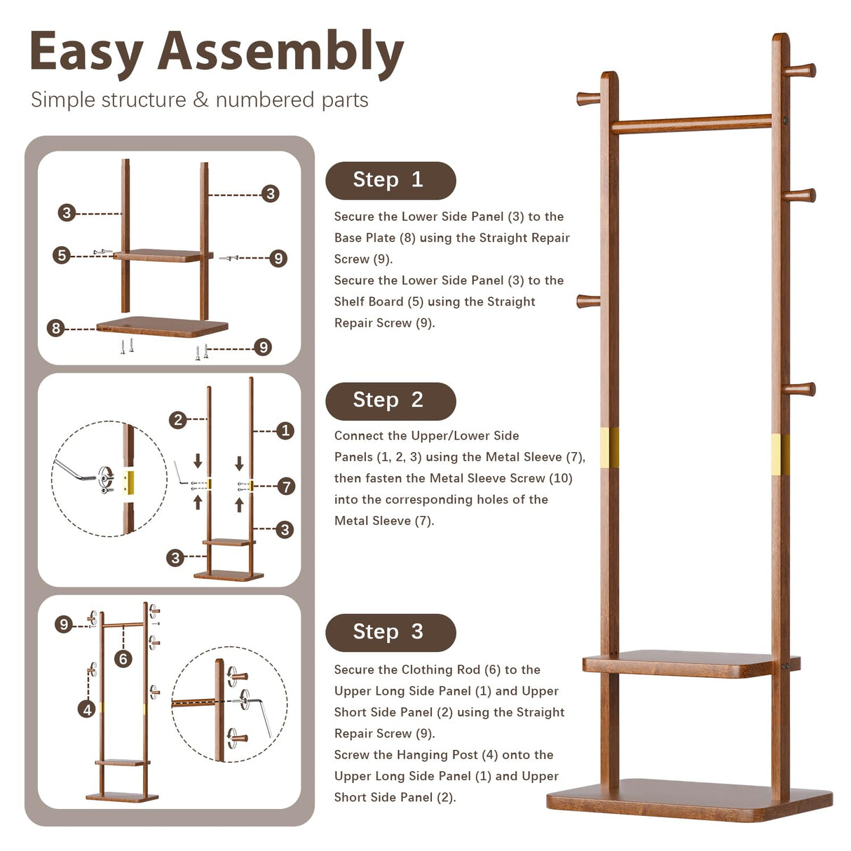 Taitiy Solid Wood Coat Rack Clothes Rack, Coat Rack Freestanding with 2 Shelves and 5 Hooks, Heavy Duty Coat Tree for Entryway, Living room, Coat Hanger Stand for Hats, Bags Clothes(Walnut Brown) Taitiy