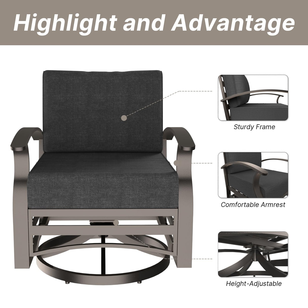 Gotland Outdoor Aluminum Patio Furniture Set with Fire Pit Table, 5 Pieces Metal Patio Furniture with 2 Swivel Rocking Chairs Waterproof 5.1'' Seat Cushions, for Garden Balcony Porch Gotland