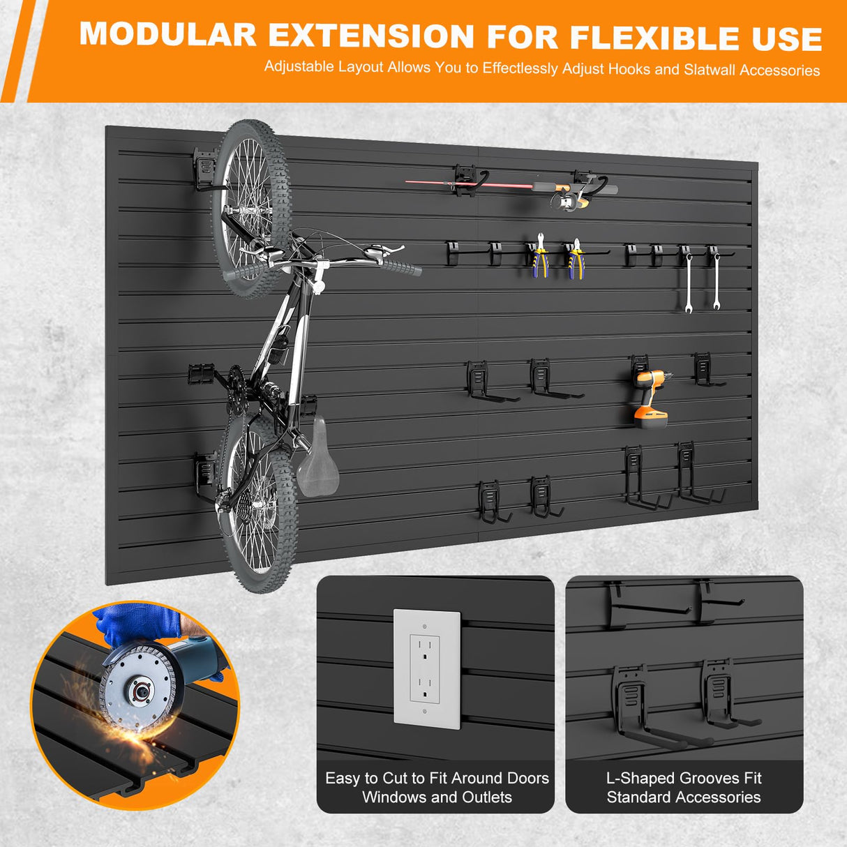 DoCred Slat Wall Paneling Organizer, 4x7.5 FT PVC Garage Slatwall Storage Systems, Heavy Duty Mounted Slat Peg Board for Tool Organization Ladder Bike Rack (Black) DoCred