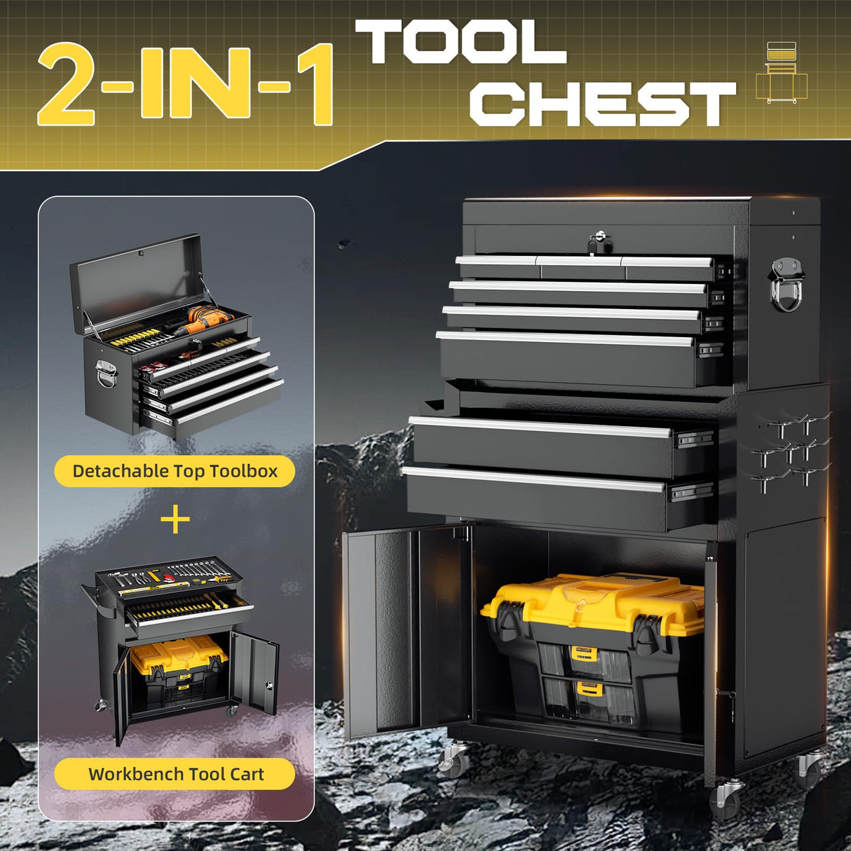 Omelaza 8-Drawer Rolling Tool Chest with Lock, Detachable Tool Cabinet Cart with Wheels, High-Capacity Mechanic Tool Organizer for Garage Workshop Warehouse Storage Omelaza