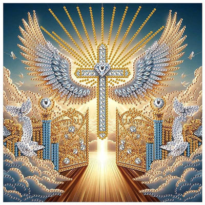 Special Shape Diamond Art Kits for Adults, 5D Religious Diamond Painting Kit with Cross, Ethereal Wings & Celestial Gate, DIY Crystal Rhinestones Painting for Home Wall Decor Gift 11.8 x 11.8 inch