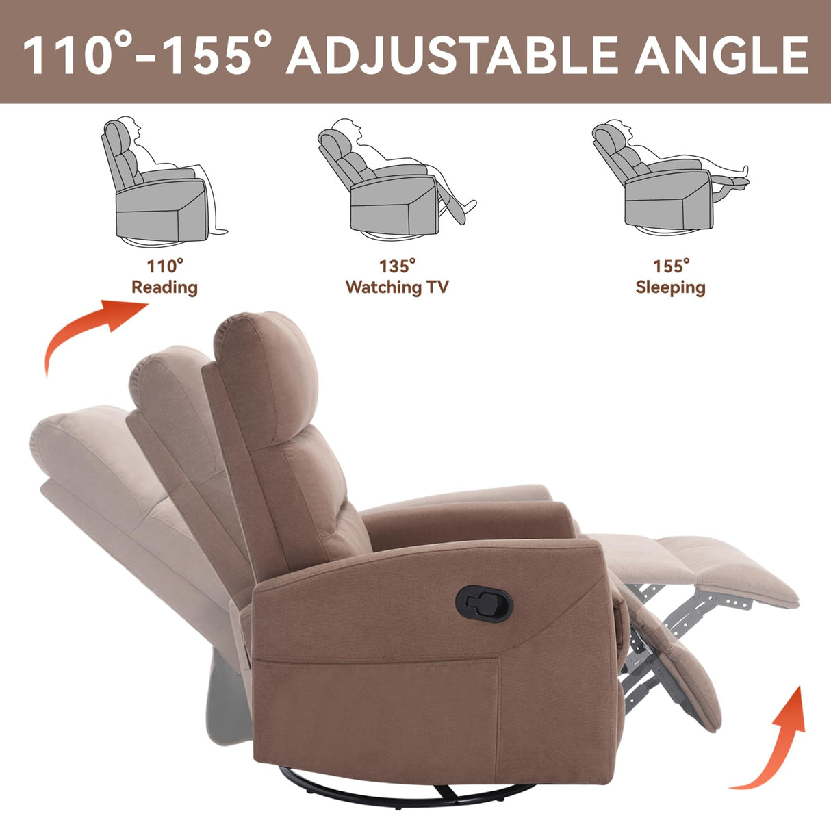 Slim Lazy Boy Recliners for for Adults, Swivel Rocking Chair Recliner with High Back, Small Recliner Chair for Small Spaces, Manual Reclining Chair for Living Room, Adjustable Footrest (Brown) Thctvous