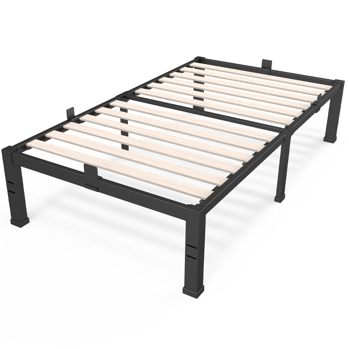 ROIL 14 inch Twin Size Bed Frames with Wide Wood Slats - 3500lbs Heavy Duty No Box Spring Needed Platform, Mattress Stoppers Single Metal Noise Free, Headboard Hole Underneath Storage ROIL
