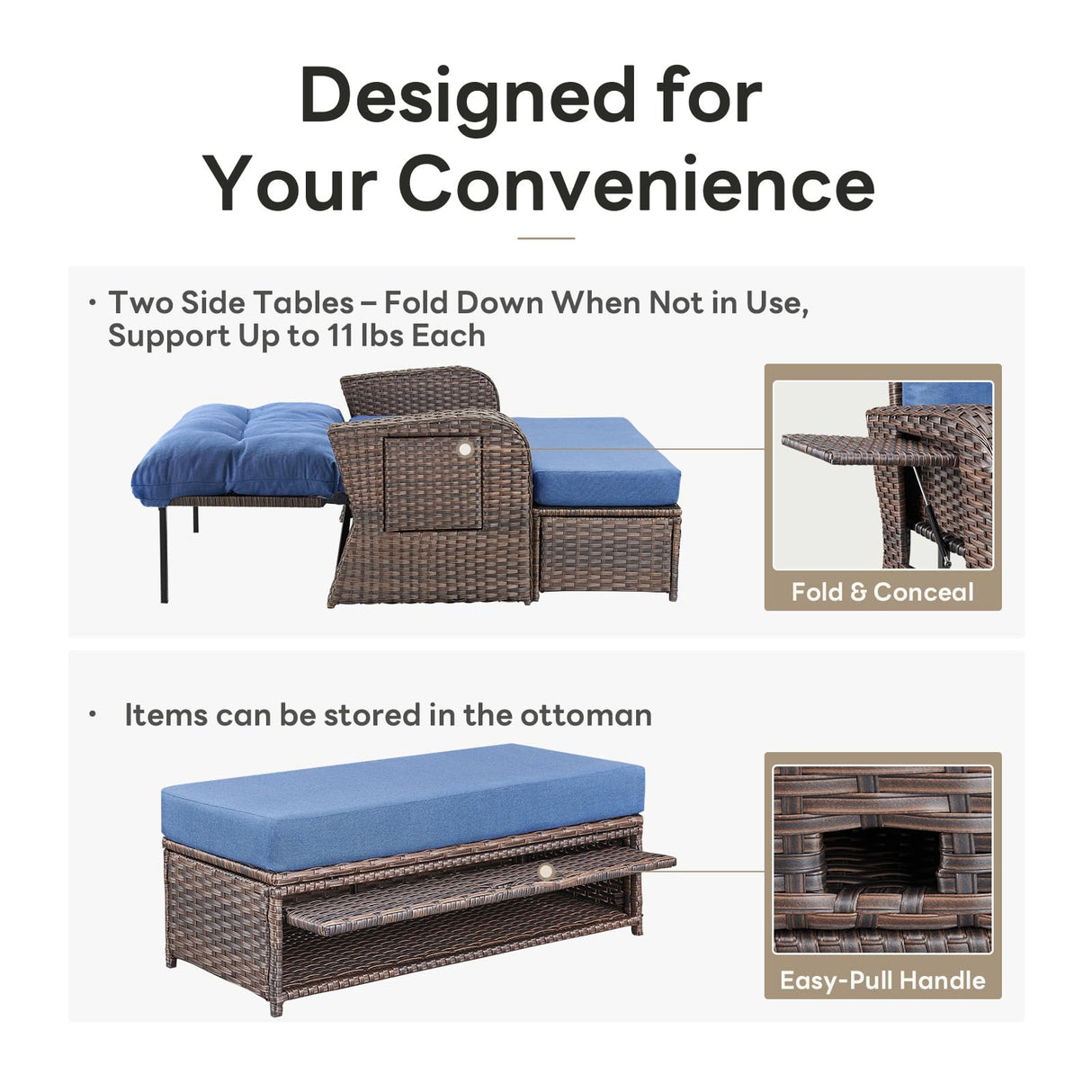 Belord Oversize Outdoor Daybed Set - Patio Recliner Loveseat with Storage Ottoman, Wicker Double Lounge Chair wth 5 Level Adjustable Backrest and 2 Retractable Table Belord