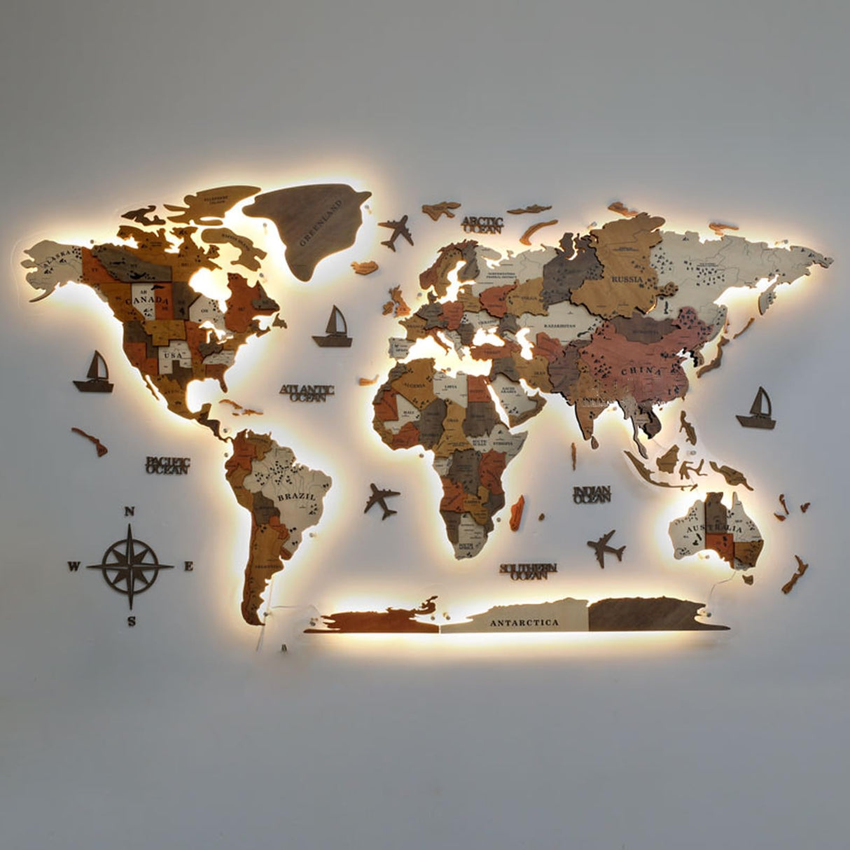 TUPAFJU 3D LED Wood+Acrylic World Map Wall,Extra Large Size 59/79/98/118in,3D Wall Art Décor,Art Modern Home Decor Gifts LED Lighting Wall Decor,Living Room Hanging Mural(A,Small) TUPAFJU