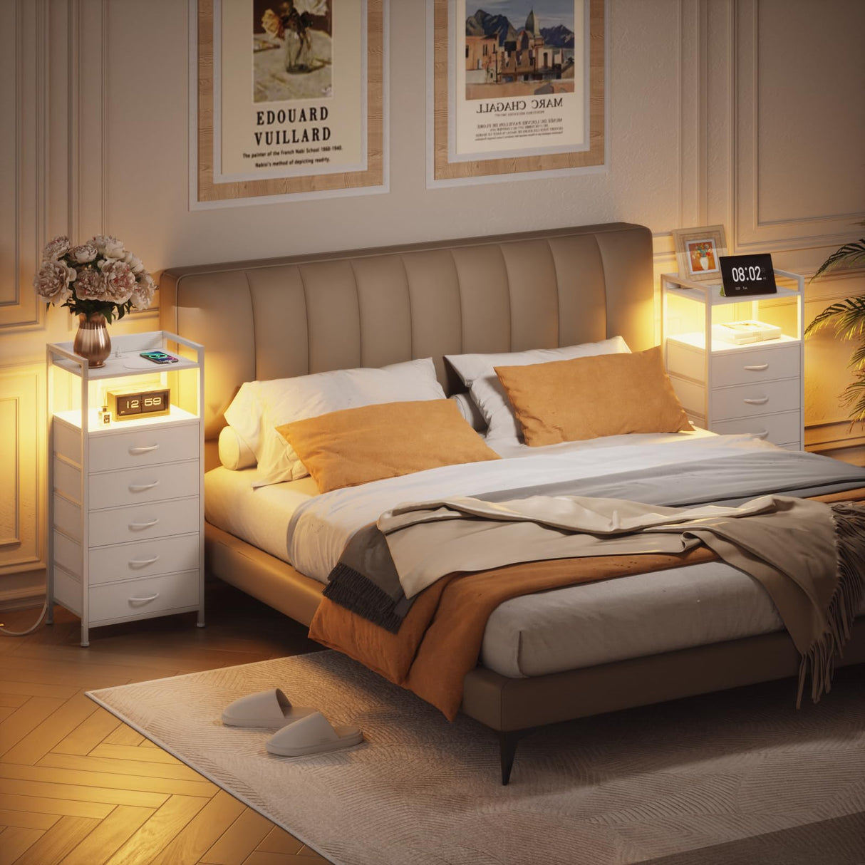 Furnulem White Nightstand with 5 Storage Drawer, Tall Dresser for Bedroom with Led Light and Charging Station, Side Table Nightstand for Closet, Fabric Bins, Metal Frame, Wood Shelf(White) Furnulem