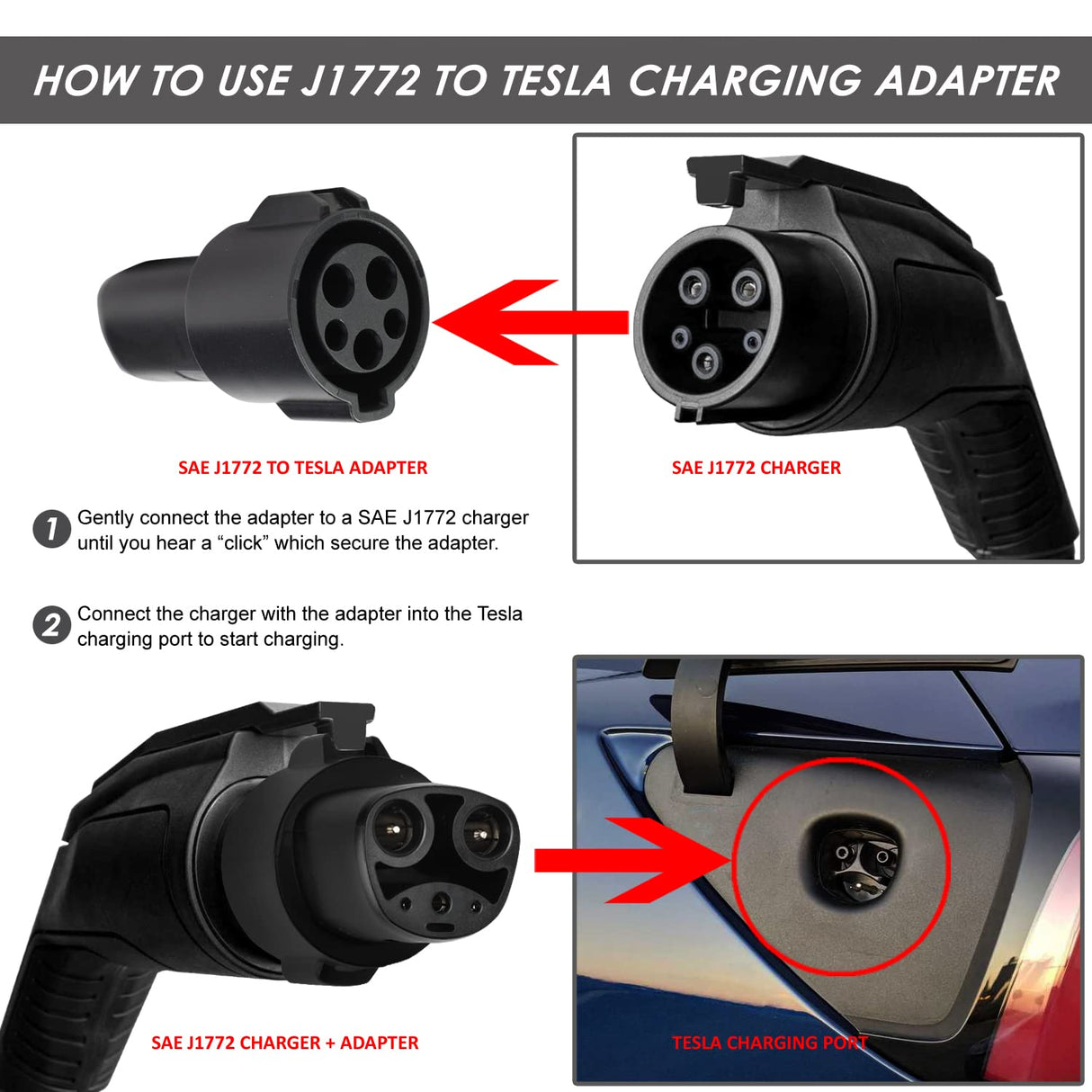 DNA MOTORING TCR-001 J1772 to Tesla Charging Adapter Maximize EV Charging Options Compatible with Tesla Model 3, Y, S, X for Level 1 Level 2 Charging Stations SAE J1772 Charger DNA MOTORING