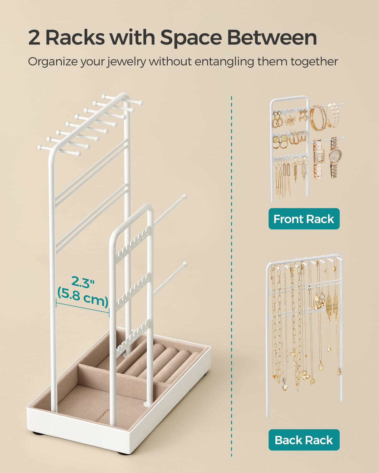 SONGMICS Jewelry Holder, Jewelry Organizer, Jewelry Display Stand with Metal Frame, Velvet Tray, Necklace Earring Bracelet Holder, for Studs, Rings, Gift Idea, Matte White UJJS021W01 SONGMICS
