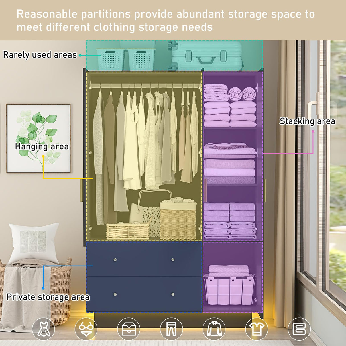 jiteentarou 3 Door Wardrobe Closet with Mirror and LED Lights, Bedroom Armoire with Drawers Shelves, Modern Wooden Armoire Wardrobe Closet with Hanging Rod for Bedroom, Black jiteentarou