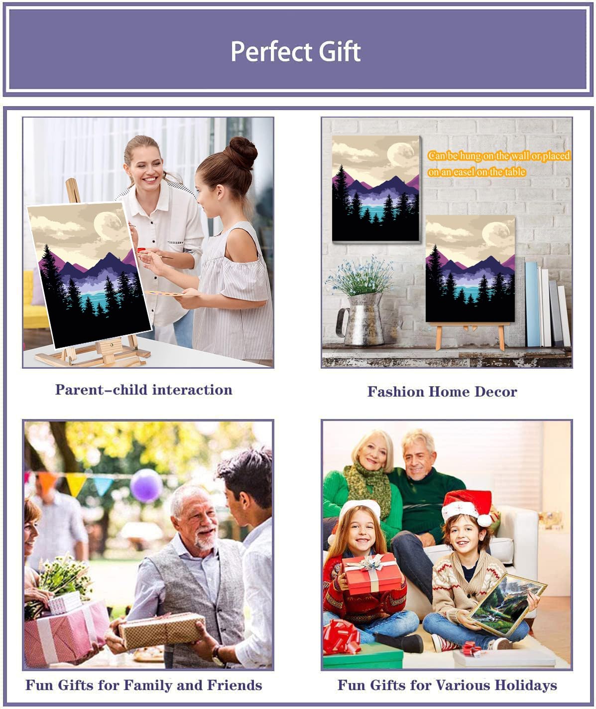 VIGEGU Paint by Numbers Kit for Adults Beginner with Framed Canvas - with Wooden Easel,Mountain Moon Tree DIY Oil Painting, with Acrylic Paints Brushes Nice Gift Box 7.8x11.8in VIGEGU