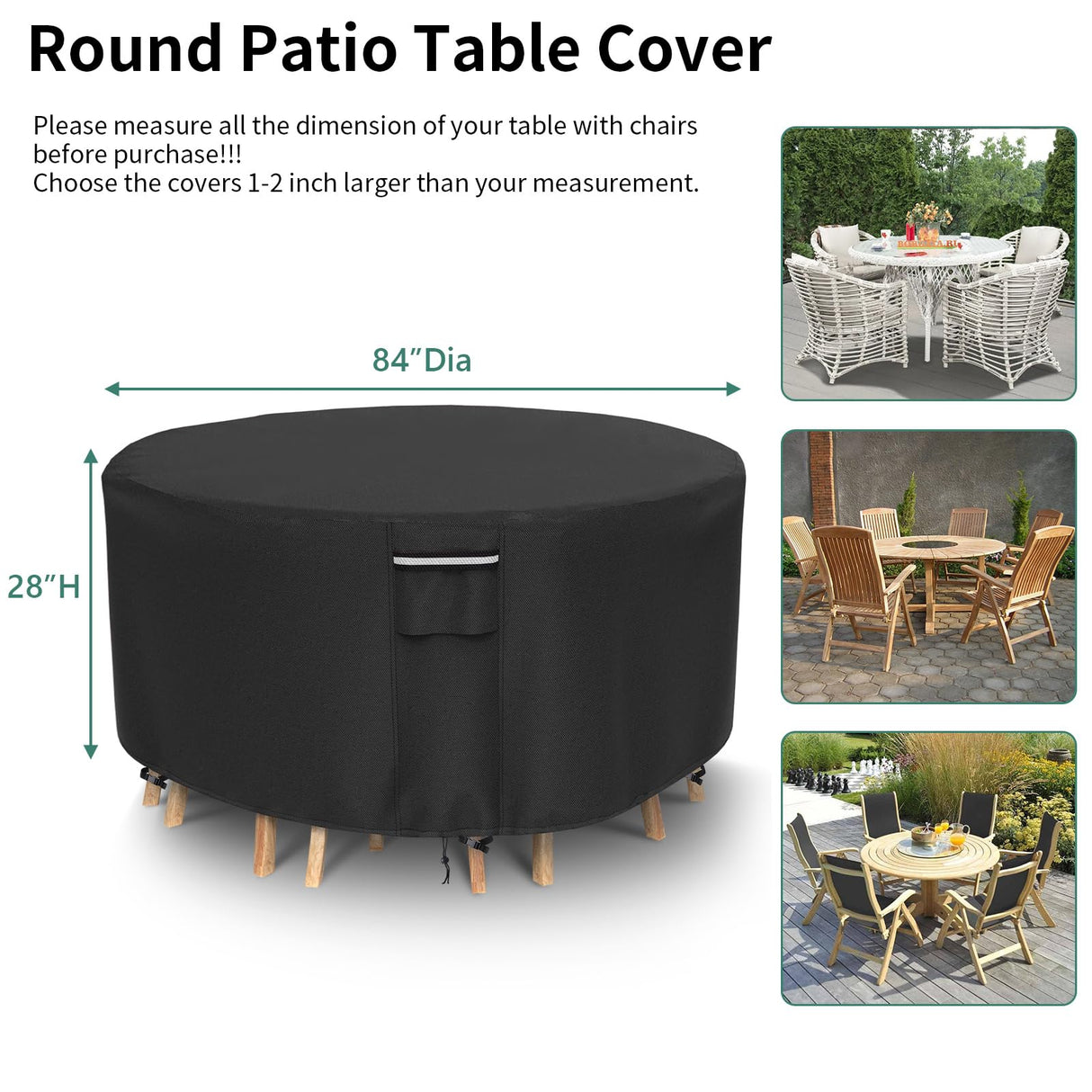 Patio Furniture Covers Waterproof, Round Outdoor Furniture Cover, 500D Heavy Duty Patio Table & 6 Chairs Set Cover, All Weather Protection Covers for Outdoor Table Set, 84" Dia x 28" H -Black NYFITY