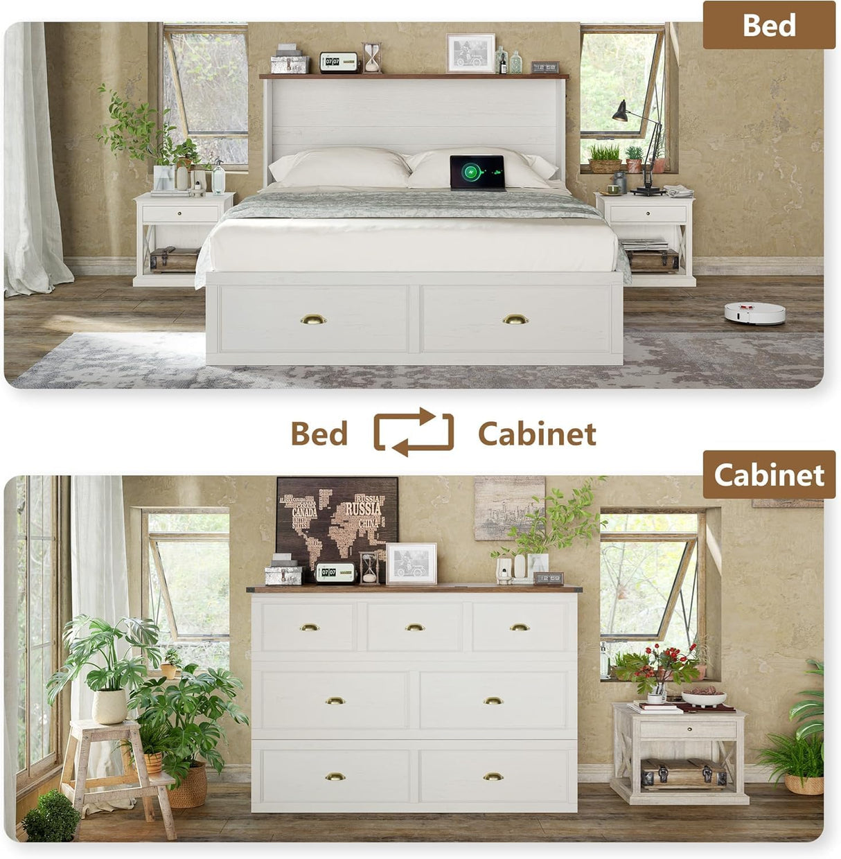 AMERLIFE Full Size Murphy Bed, Farmhouse Wooden Cabinet with Charging Station and Storage Drawer for Bedroom/Office/Guest Room, White+Barnwood AMERLIFE