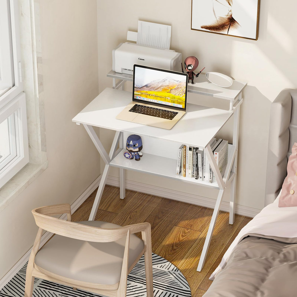 ODK Small Computer Desk, 27.5 inch Desk for Small Spaces with Storage, Compact Table with Monitor & Storage Shelves for Home Office, Modern Style Laptop Desk, Pure White ODK