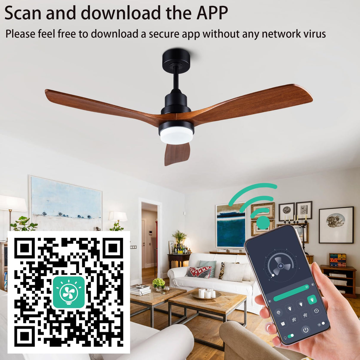 dearnow 52” solid wood ceiling fans with light 6 speeds remote/app control, solid wood ceiling fan with memory led dimmable color adjustable, quiet ceiling fan for living room, dining room. dearnow