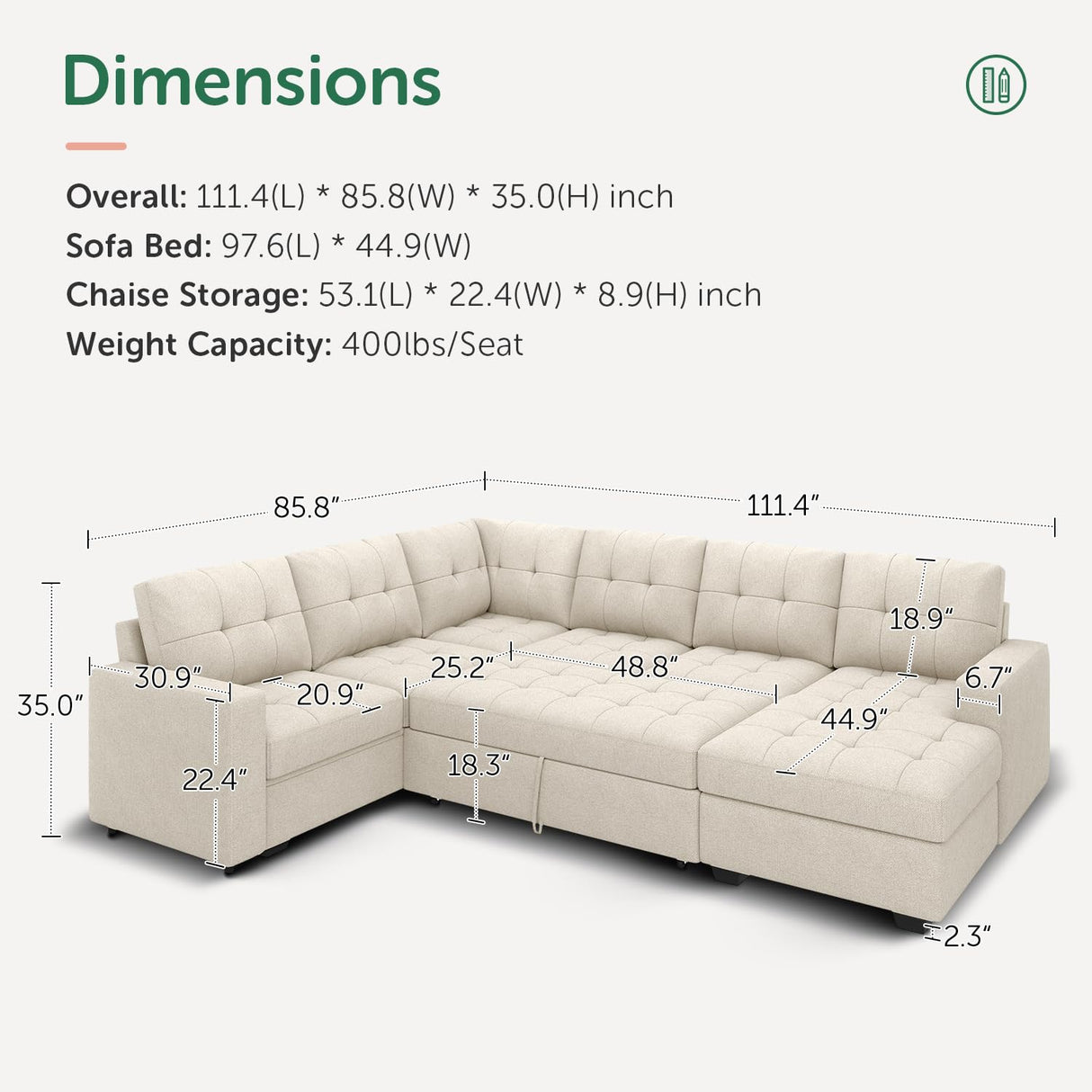 HONBAY Sleeper Sectional Sofa with Pull Out Bed, U Shaped Sectional Sleeper Couch with Storage Chaise, Convertible Sectional Sleeper Sofa Bed, Beige HONBAY