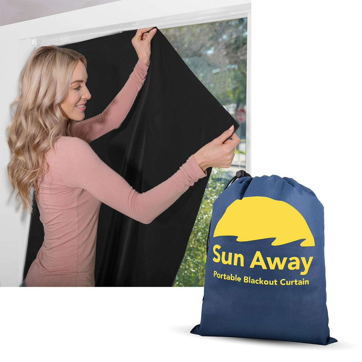 SUN AWAY Portable Blackout Curtain with Suction Cups - Premium Easy Install Shade No Tools Required - Temporary Blinds, Perfect for Baby Nursery or Dorm Room - with Travel Bag (66” Long x 51” Wide) SUN AWAY