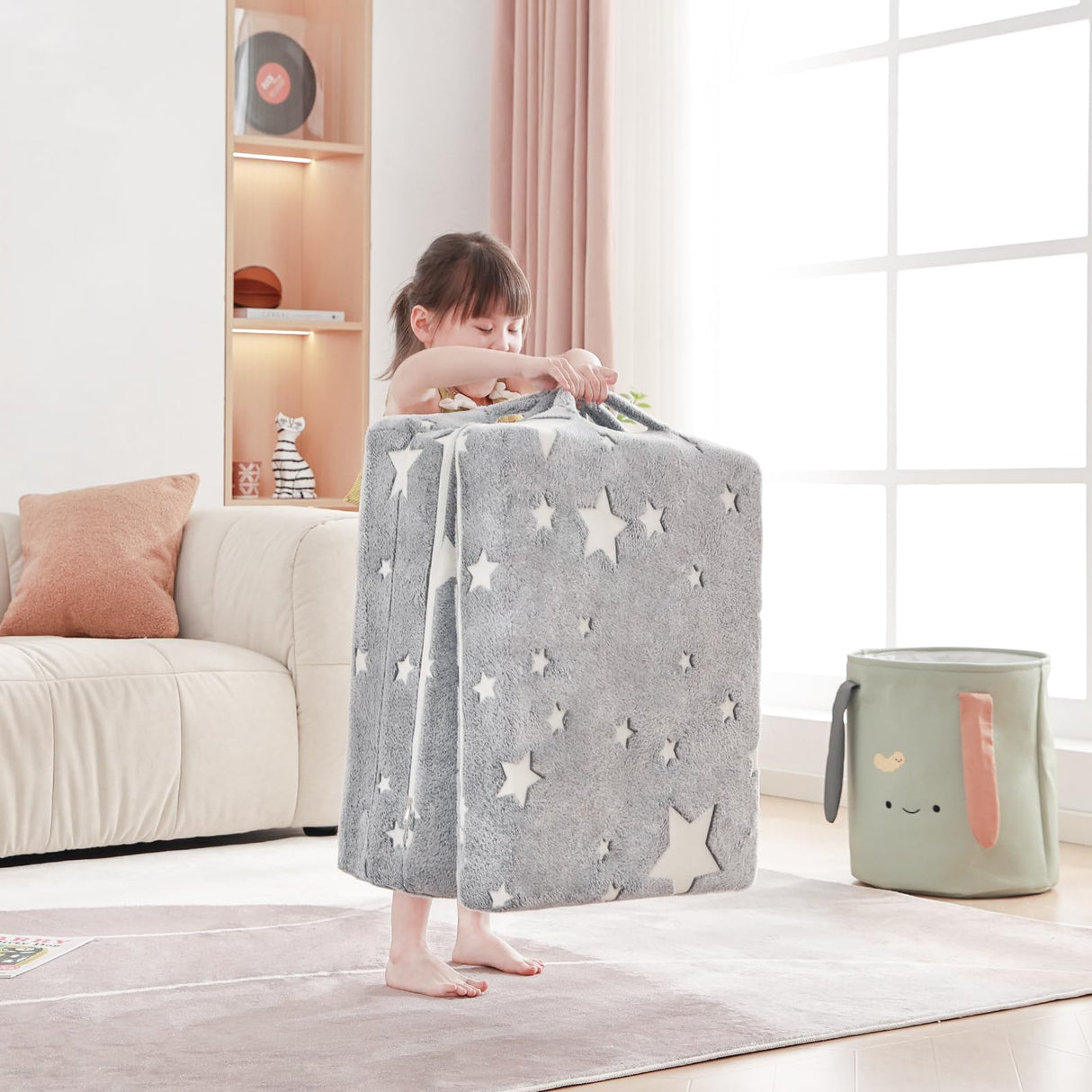 Givjoy Foldable Floor Mattress for Kids, Glow in The Dark Toddler Washable Tri Folding Floor Nap Mat for Sleeping Daycare, Child Trifold Futon Sofa Bed with Storage Bag for Girls and Boys Givjoy