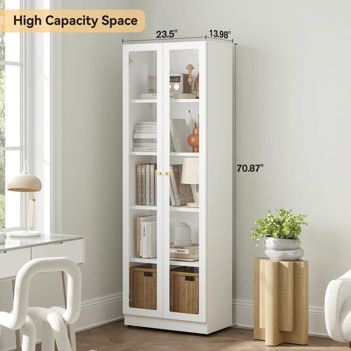 IRONMIX White Bookcase with Doors, 5 Tier Bookshelf, Tall Bookshelf with Storage, Modern Display Cases for Collectibles, 70.87" Display Cabinet with Doors Curio Cabinet for Home Office Library IRONMIX