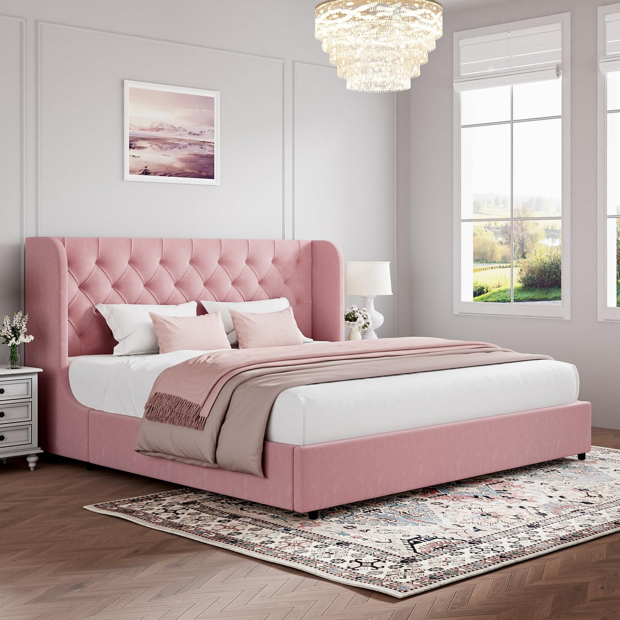King Size Bed Frame, Pink Upholstered Bed Frame King with Wide Wingback, Softly Curved Wings Velvet Headboard, Sturdy Wooden Slats Support, No Box Spring Required, Noise Free, Easy Assembly, Pink HOMBCK