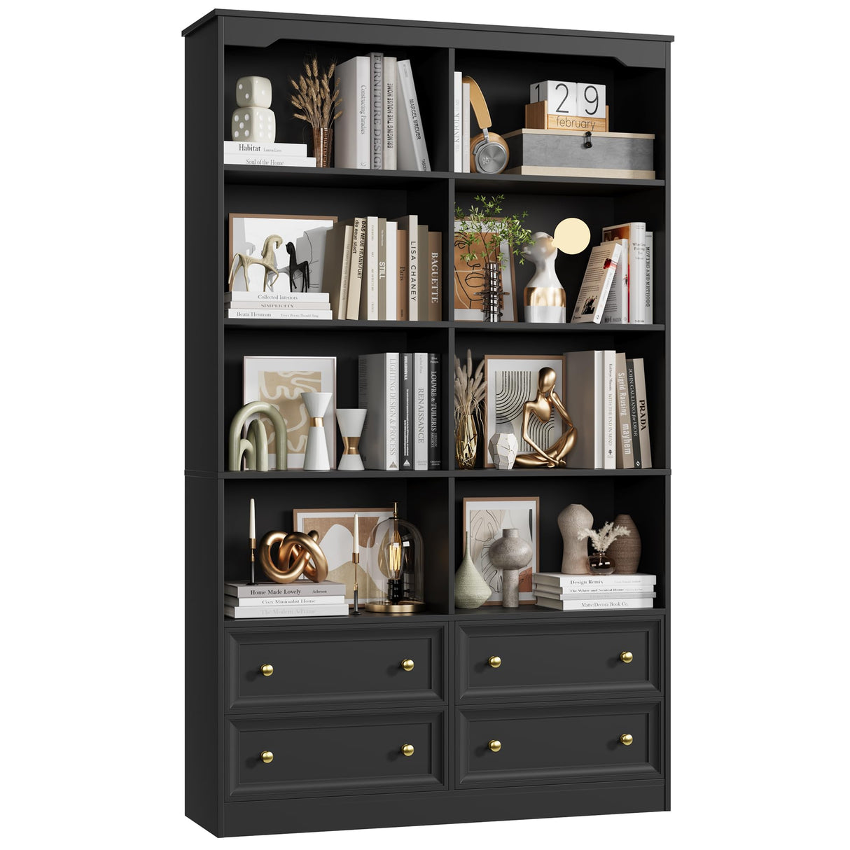 FINETONES 71" Black Bookshelf with 4 Drawers, 6-Tier Double Wide Bookshelf and Bookcase with Storage, Tall Bookshelf Large Open Bookshelf Standing Book Cabinet for Home Office, Black FINETONES