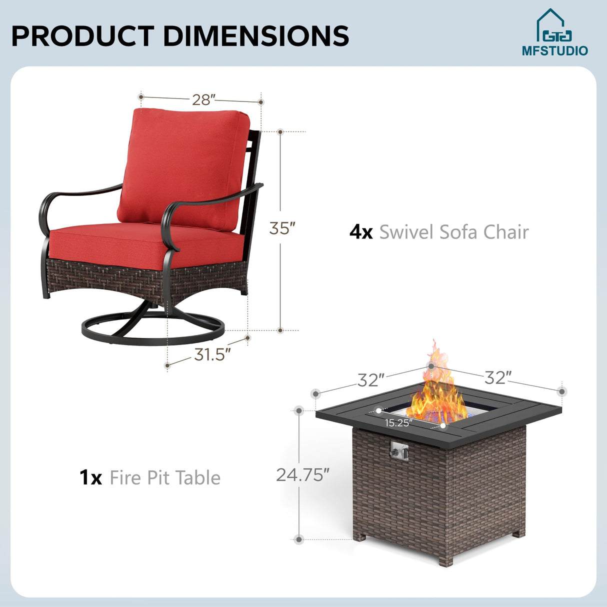MFSTUDIO 5 Pieces Outdoor Patio Furniture Set, Metal Outdoor Conversation Sofa, Rattan Wicker Patio Sectional Sofa Set with 4 x Swivel Single Sofa, 1 x Fire Pit Table, Red MFSTUDIO