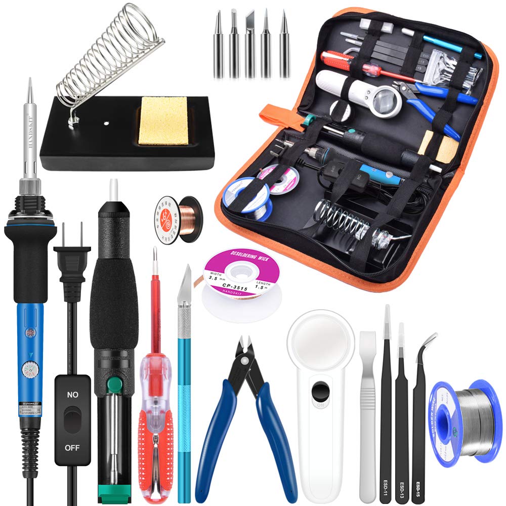 Soldering Iron Kit Electronics, 21-in-1, 90W LCD Adjustable Temperature Soldering Iron, 5pcs Soldering Iron Tips, Soldering Iron Stand, Desoldering Pump, Magnifier, Solder Wire, Tweezers, PU Carry Bag handskit
