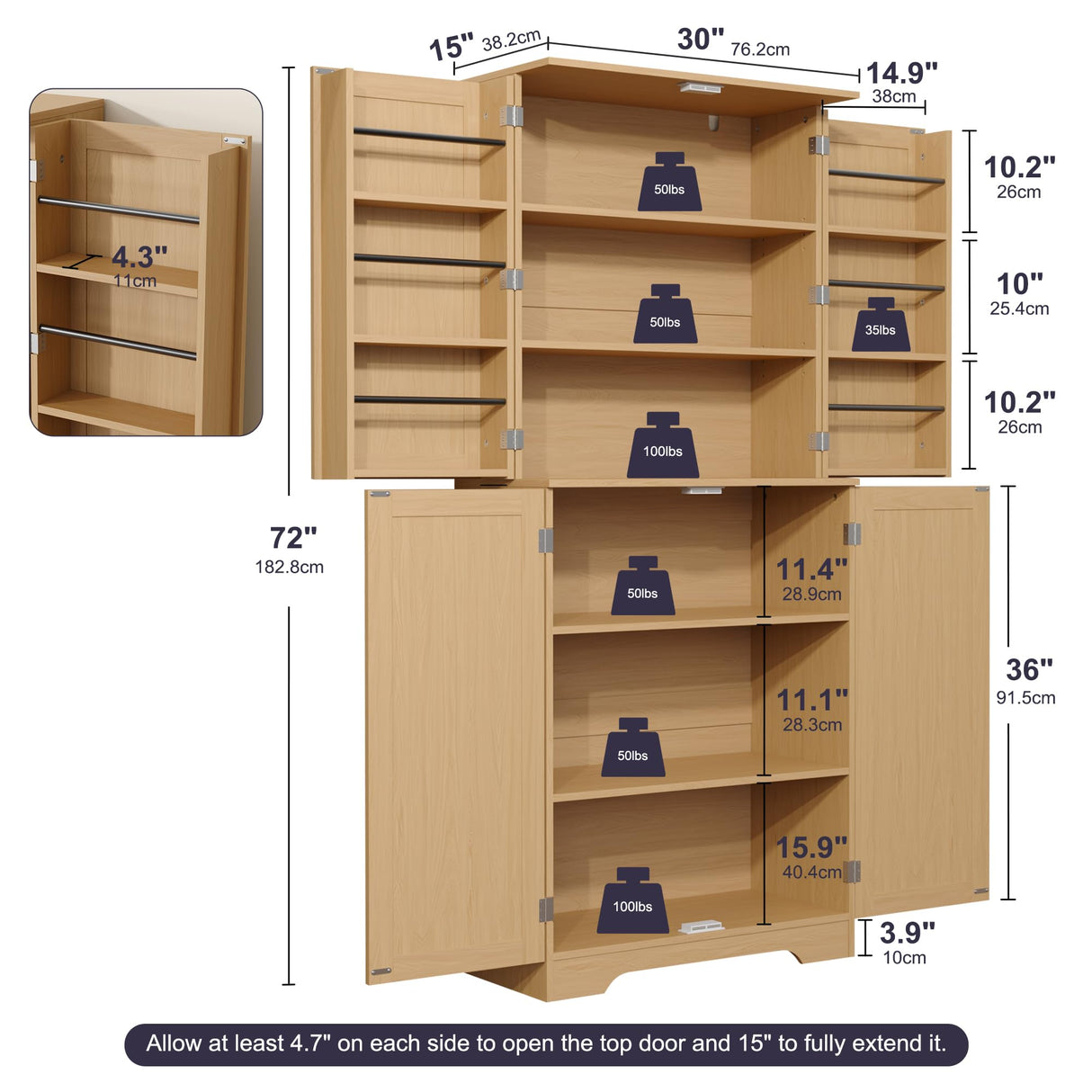Furnify 72" Tall Kitchen Pantry with Rattan Doors, Storage Cabinet with Organizer, Adjustable Shelves, Wood Freestanding Cupboard for Kitchen, Dining Room, Bathroom and Hallway, Natural Oak Furnify