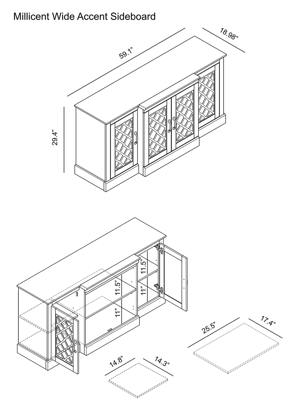 Galano Millicent Wide Sideboard Buffet Cabinet, Kitchen Storage Cabinet with Acrylic Mirror Doors, Cupboard Console Table, Rustic Farmhouse Buffet Display for Coffee Bar, Dusty Grey Oak Galano