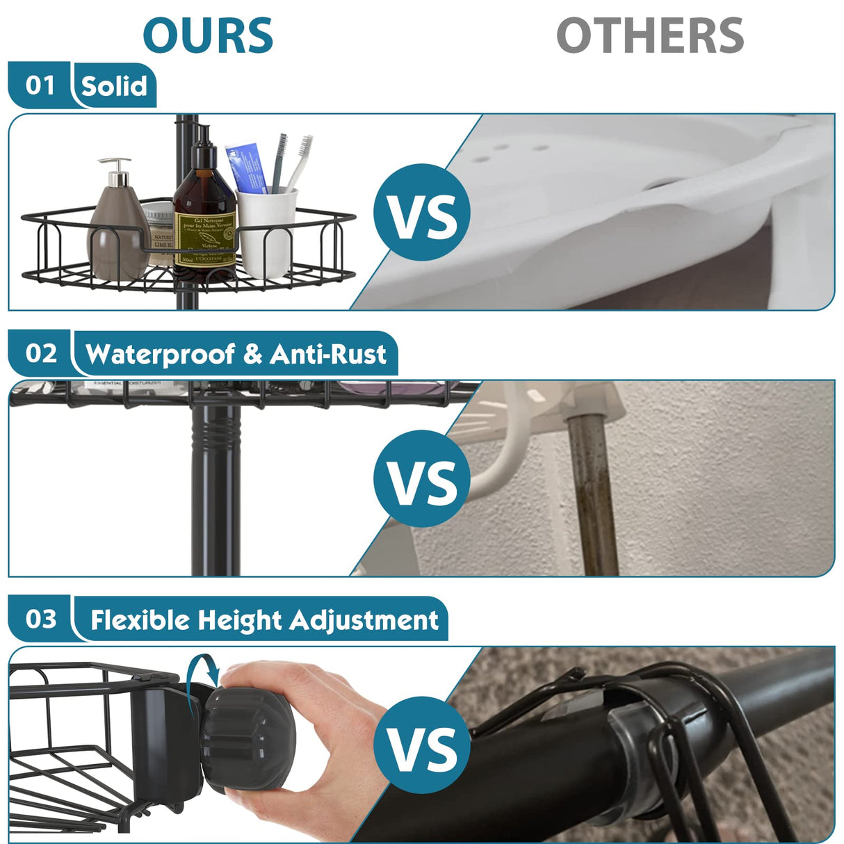 YeYeBest Rustproof Shower Corner Caddy for Bathroom, 4 Adjustable Baskets, 39-125 Inch Corner Shower Organizer with Tension Pole for Shampoo Accessories, Black YeYeBest