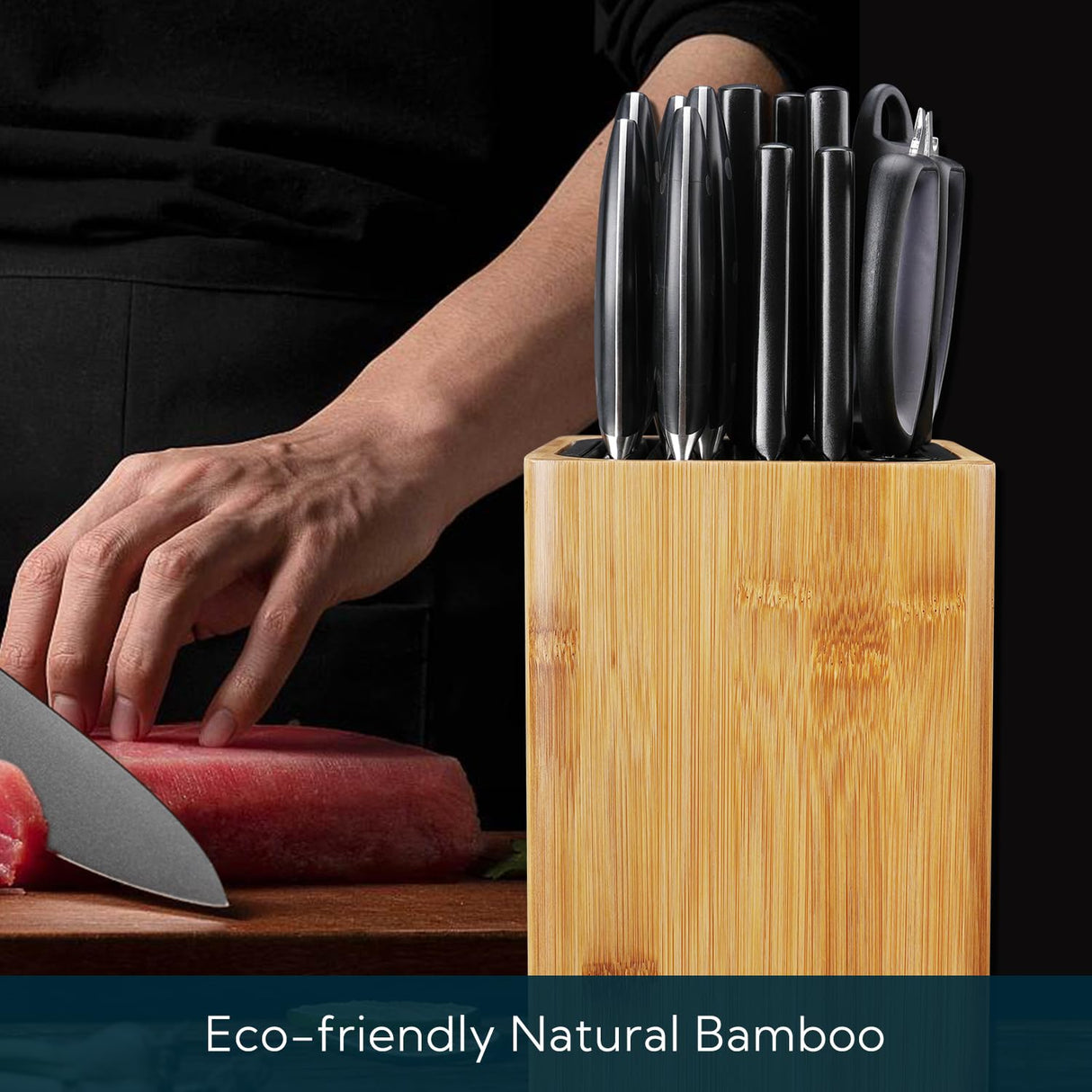 Deluxe Universal Knife Block with Slots for Scissors and Sharpening Rod - Eco-Friendly Bamboo Knife Holder For Safe, Space Saver Knives Storage - KITCHENDAO