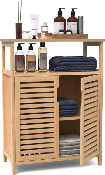 FoverOne Bamboo Bathroom Storage Cabinet with 2 Doors, Bathroom Floor Freestanding Cabinets Organizer for Living Room, Kitchen, Entryway
