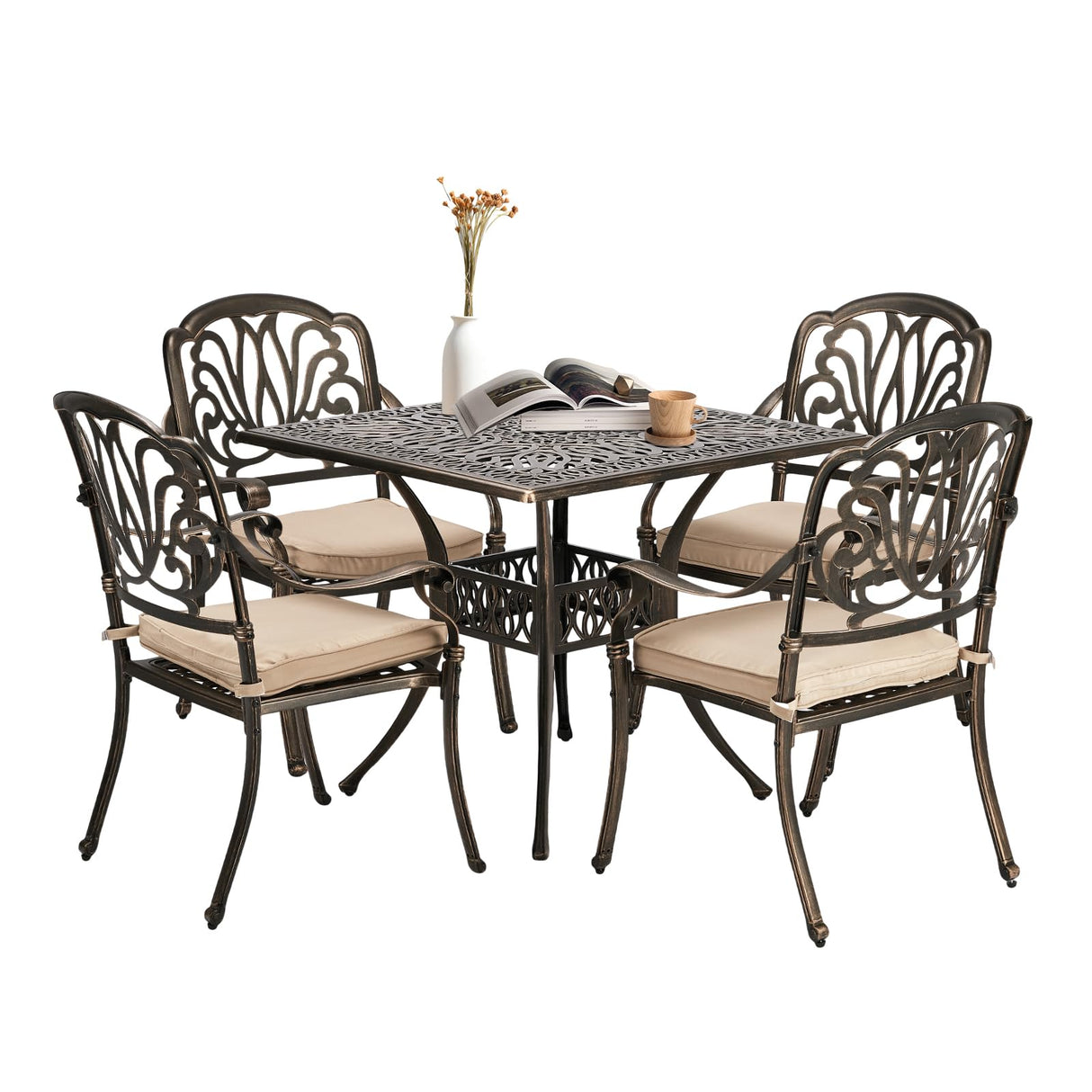 VINGLI 5-Piece Outdoor Patio Dining Set, Cast Aluminum All-Weather Outdoor Table and Chairs w/Cushion, Outdoor Furniture Set w/Umbrella Hole for Backyard Deck Poolside (Square, Elizabeth Back) VINGLI