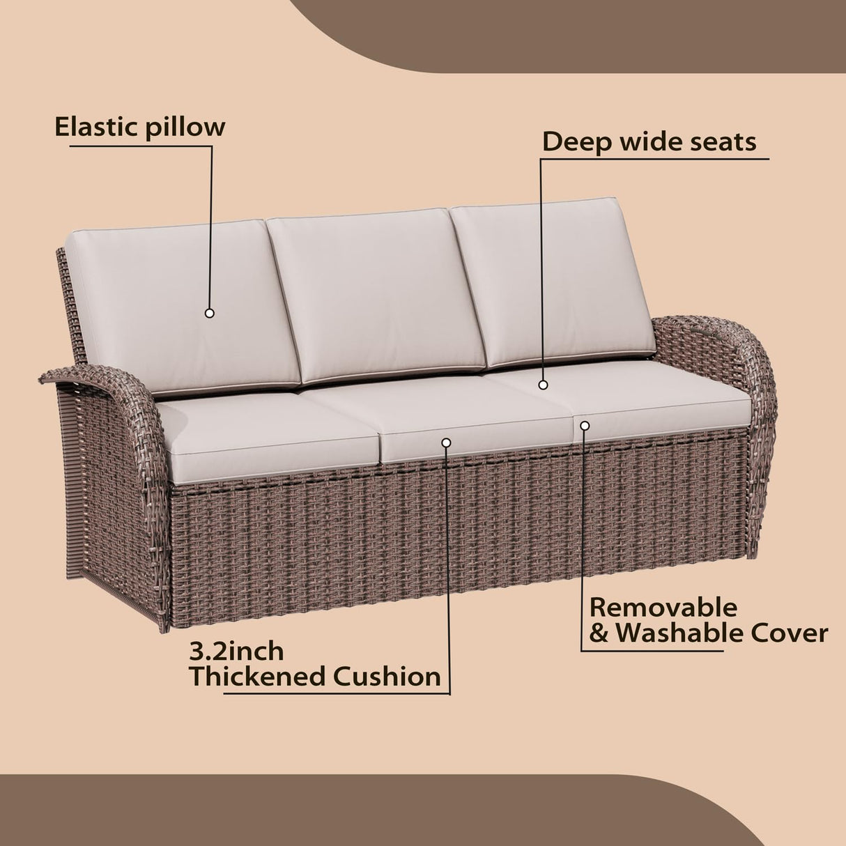 EROMMY Outdoor Swivel Chairs Set,8 Pieces Rattan Wicker Furniture Set,Patio Conversation Sets with Lovesat,3-Seat Sofa,2 Ottomans,Coffee Table and Side Table,for Porch Pool Yard Garden,Beige-8 Pcs EROMMY