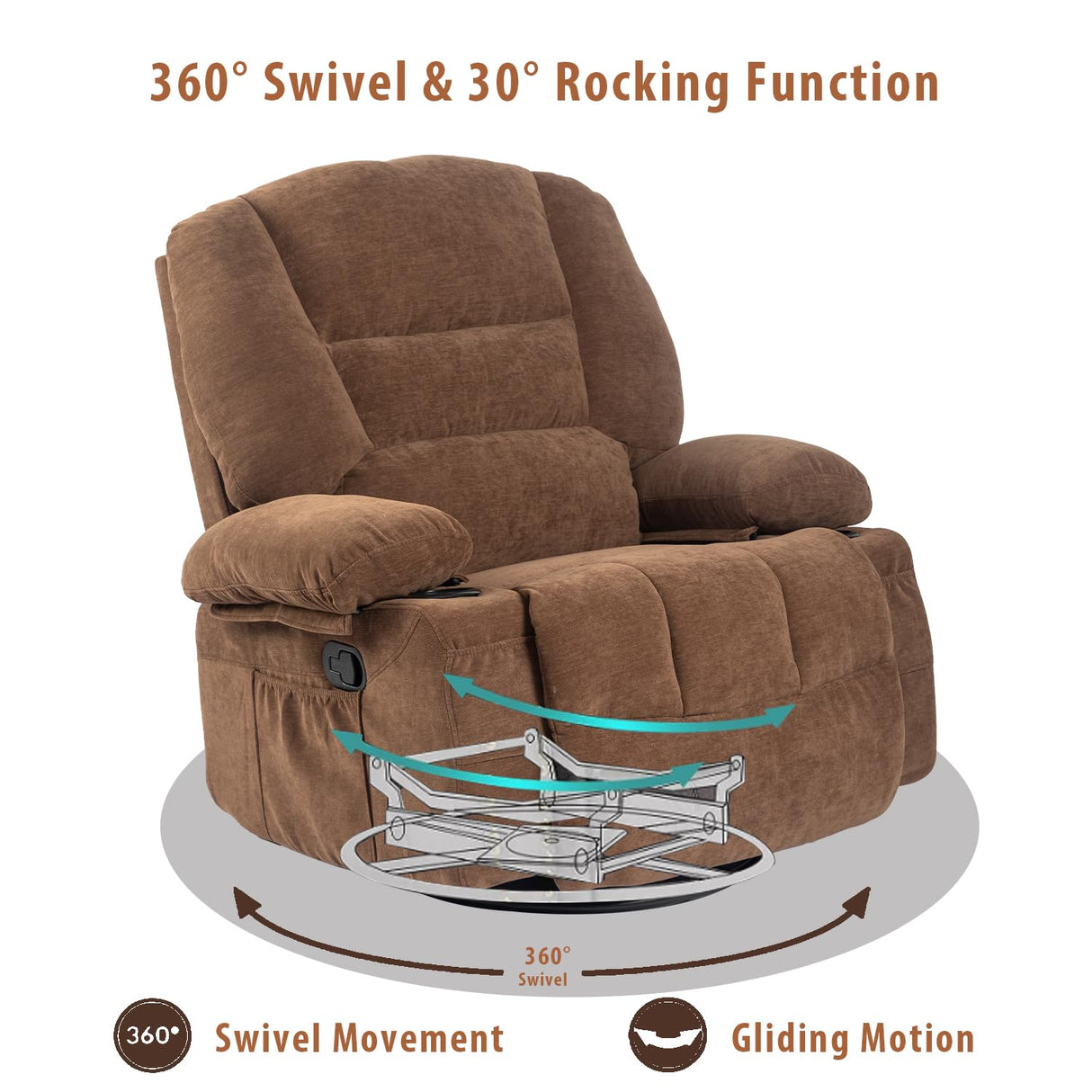 KCQ Overstuffed Swivel Rocker Recliner Chairs with Massage and Heat Fabric Manual Recliners with Cup Holders Brown Rocking Reclining Chairs for Adults KCQ
