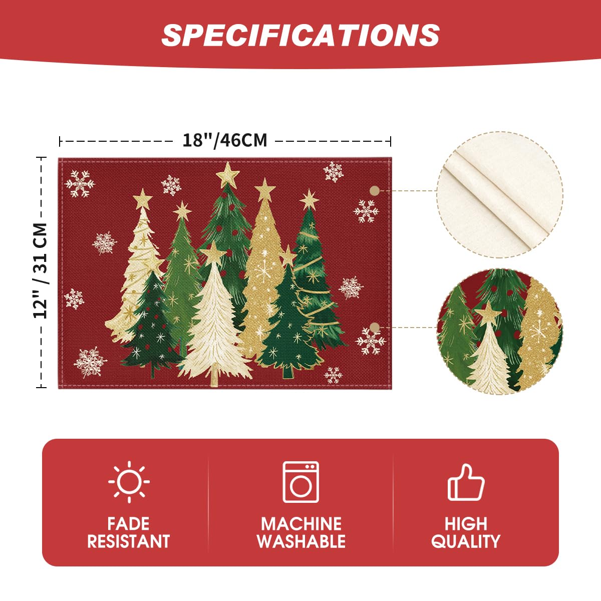 Artoid Mode Xmas Trees Snowflakes Winter Placemats Set of 4, 12x18 Inch Seasonal Red Christmas Table Mats for Party Kitchen Dining Decoration Artoid Mode