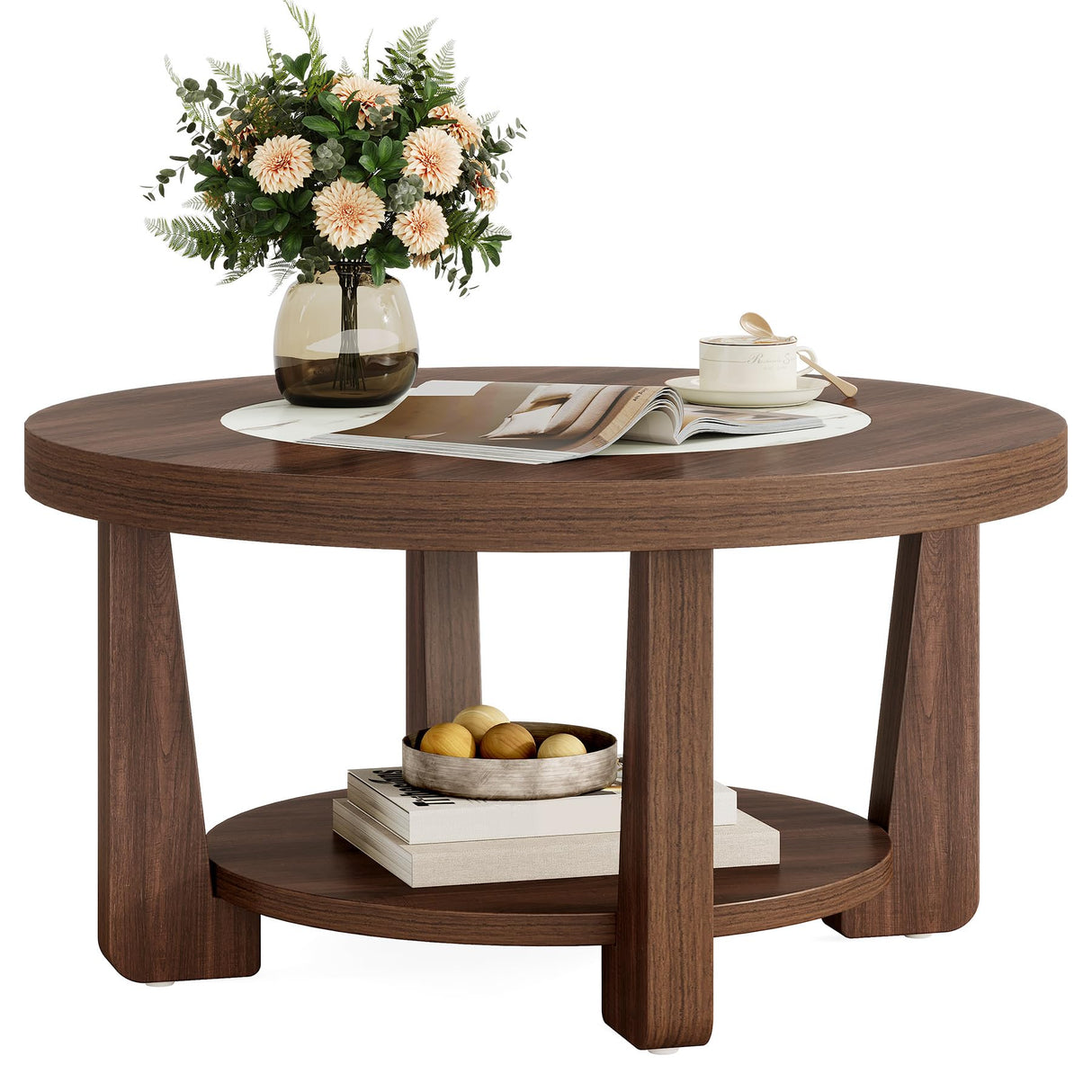 LITTLE TREE Modern Round Coffee Table, 2-Tier Wood Coffee Table with Storage, Marble-Like Tabletop for Living Room, Simple & Modern Center Table for Small Space, Brown LITTLE TREE