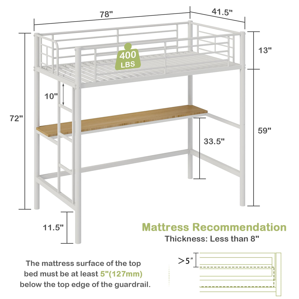 VECELO Metal Loft Bed Twin Size with Desk, Heavy Duty Bedframe with Removable Ladder and Safety Guardrail, Space-Saving, Noise Free, No Box Spring Needed, Off White VECELO