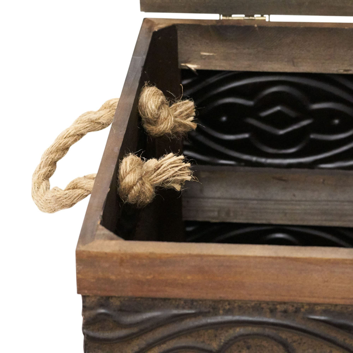 Household Essentials Decorative Trunk, Embossed Metal, Large, Chinese Fir Wood, Darkened Interior, Rope Handles, Flat and Fully Opening Lid, Handmade, Walnut and Almond Stain Household Essentials